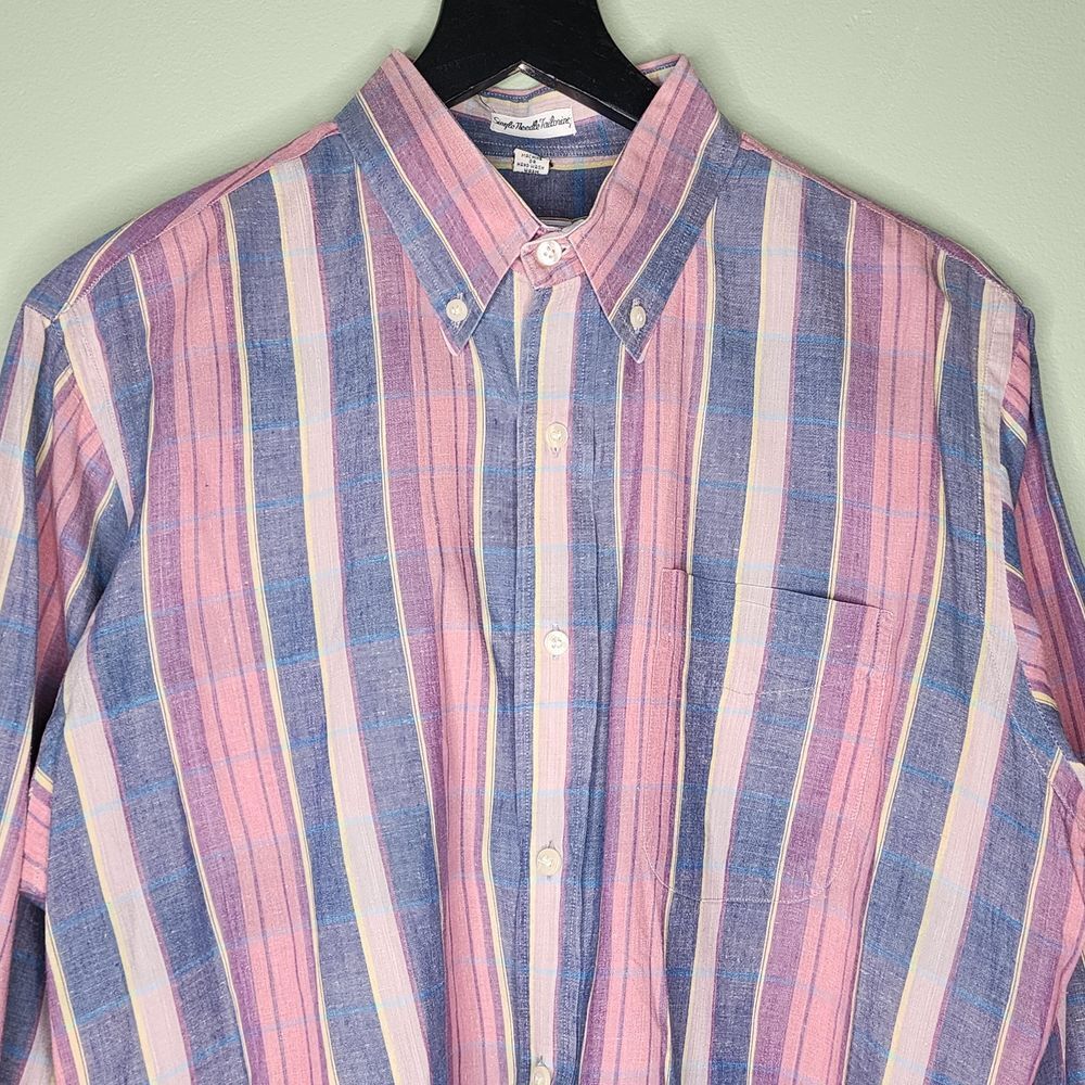 Vintage Saks Fifth Avenue Mens Large Cotton Striped Button Down Shirt Pink Blue